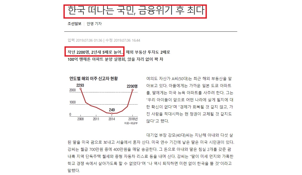2018년 해외 이주자가 2년 전에 비해 다섯 배나 늘었다고 주장하는 조선일보 기사.